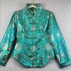 Panda silk jacket S traditional Chinese style frog closure emerald green & gold